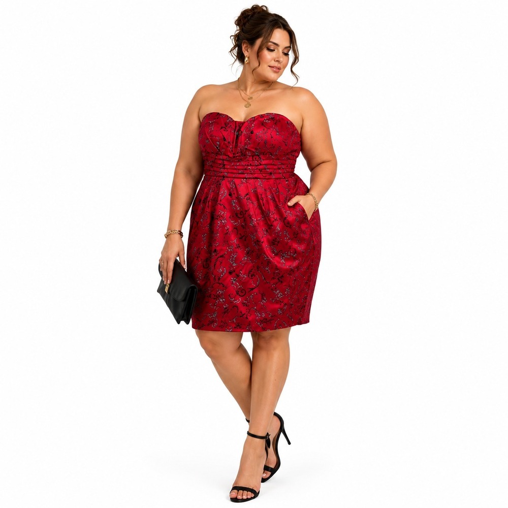 Snap Strapless Cocktail Dress 22W Red Damask Tulip Pockets Plus Party Prom